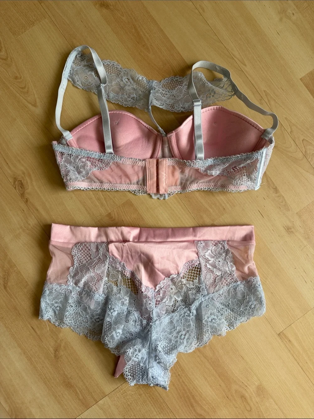 Delicate Pink & Gray Lace Bra and Brief Set